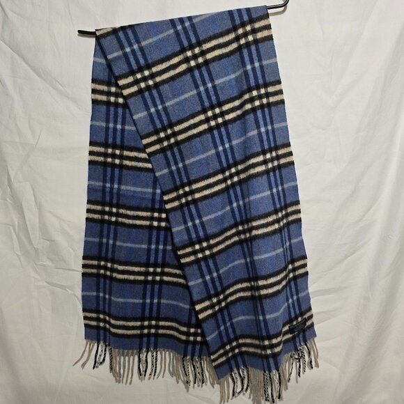 Burberry London Made in England 100% Cashmere Scarf Blue Black White Plaid 12x56 - Picture 1 of 4